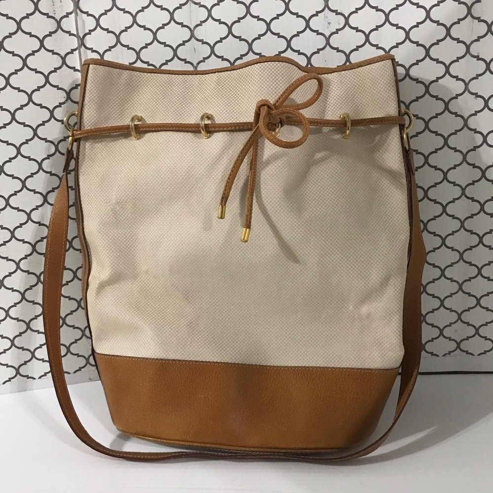 Aquascutum Canvas and Leather Drawstring Bucket Bag - Tan/Cream